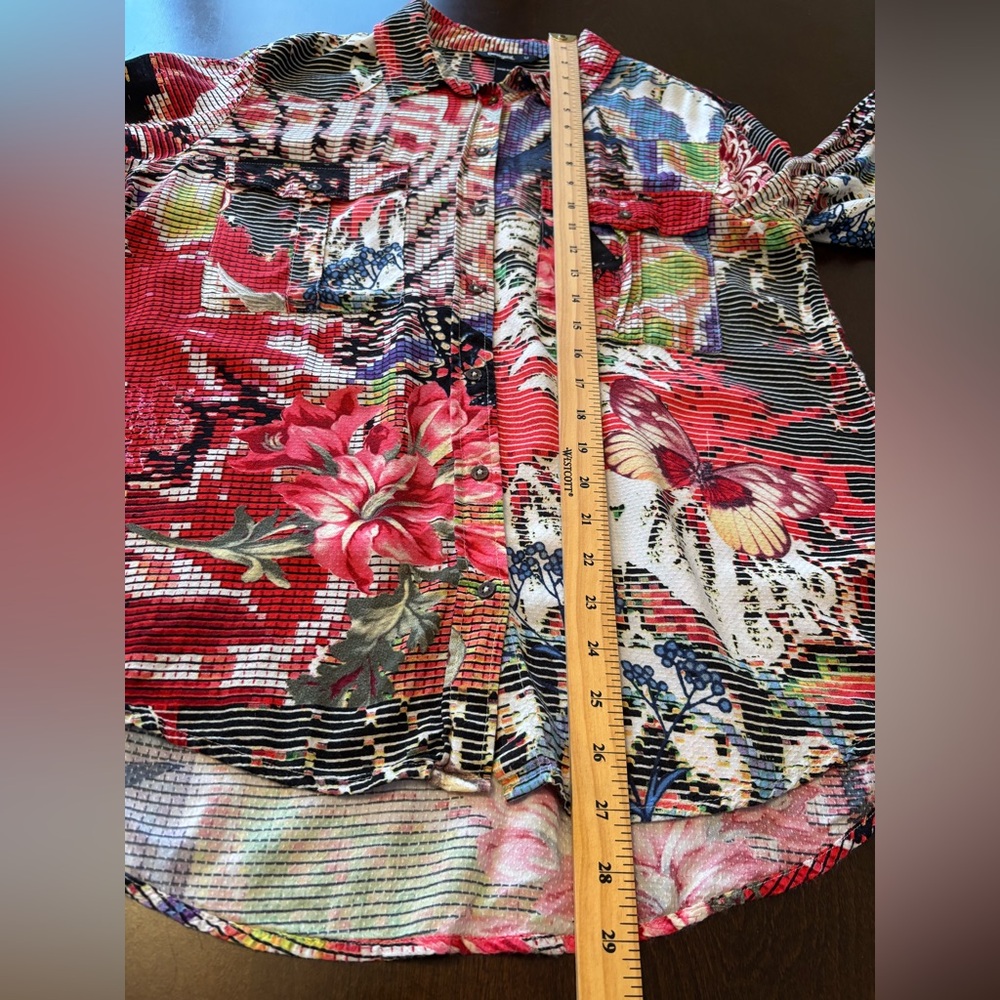 Desigual Overprinted Long Sleeve Button Down High-Low Shirt Blouse M Artsy Boho - Picture 8 of 8
